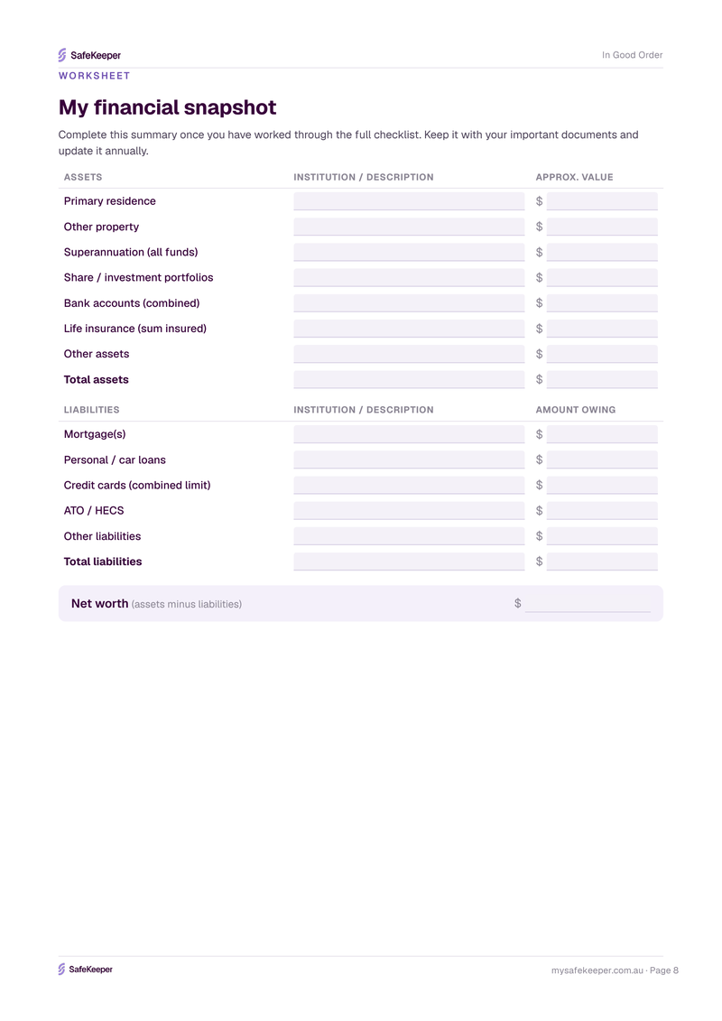 In Good Order financial snapshot worksheet