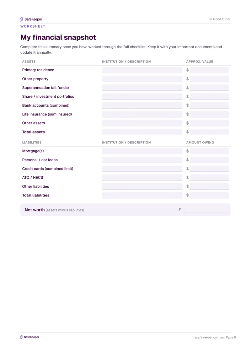 In Good Order financial snapshot worksheet